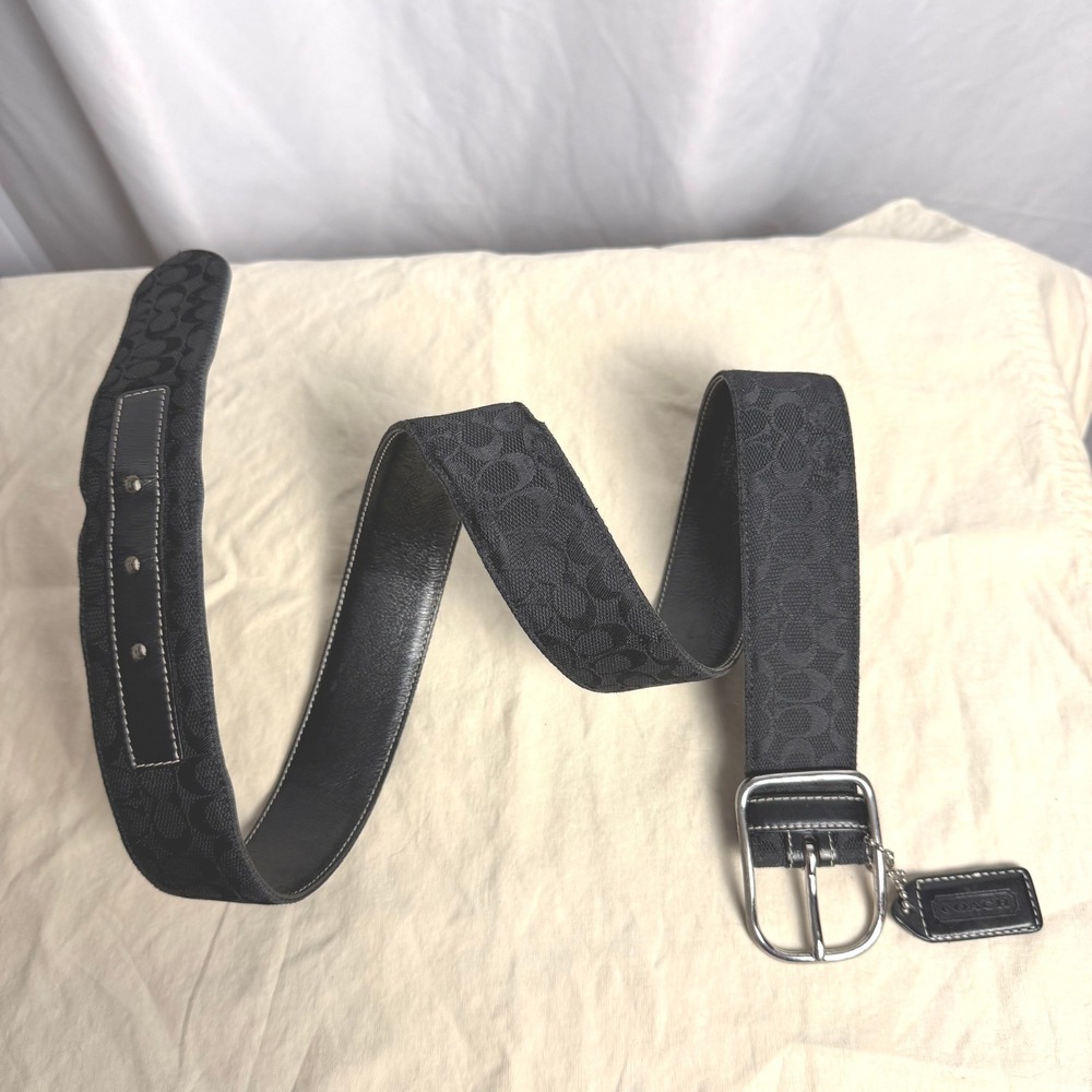 Coach Signature Jacquard Belt Large 8573 Black Silver Buckle 39in Leather